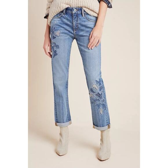 Pilcro High Rise Embroidered Boyfriend Jeans Medium Blue Size 28 Boho Distressed - Picture 1 of 15